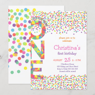 Invitation Fille Premier Anniversaire Confetti Arc-en-ciel Co