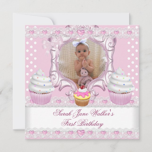 Invitation Fille premier anniversaire Cupcakes roses blancs b (Devant)