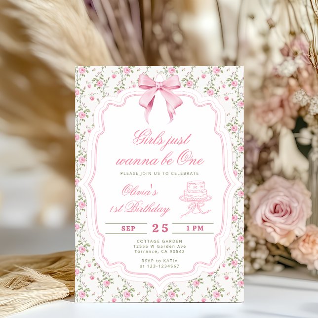 Invitation Fille premier anniversaire Élégant Nœud Rose (Créateur téléchargé)