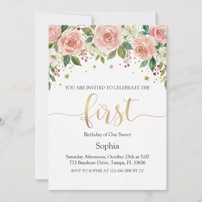 Invitation Fille premier anniversaire Fleur aquarelle rose (Devant)