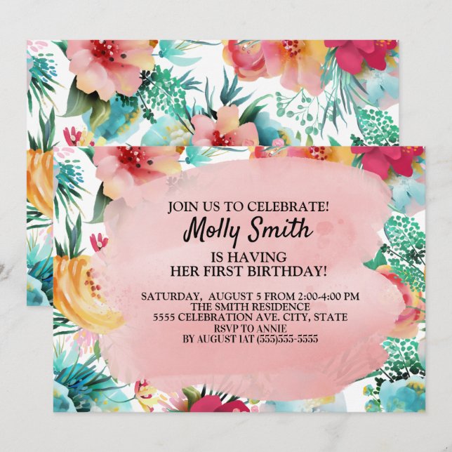 Invitation Fille premier anniversaire fleurs rose sarcelle ja (Devant / Derrière)