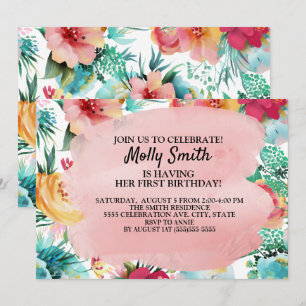 Invitation Fille premier anniversaire fleurs rose sarcelle ja