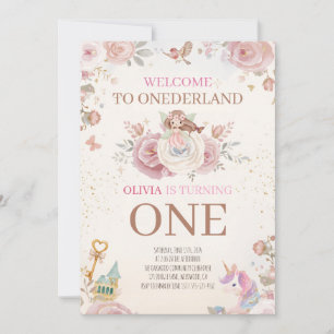 Invitation Fille premier anniversaire floral luxueux Onederla