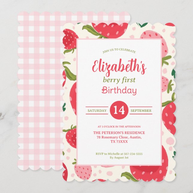 Invitation Fille Premier Anniversaire Motif Fraise Mignon (Devant / Derrière)