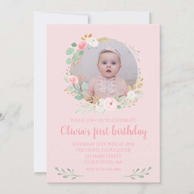 Invitation Fille premier anniversaire Pink floral photo (Devant)