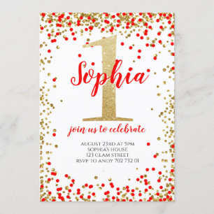 Invitation Fille Premier Anniversaire Rouge Numéro Or Confett