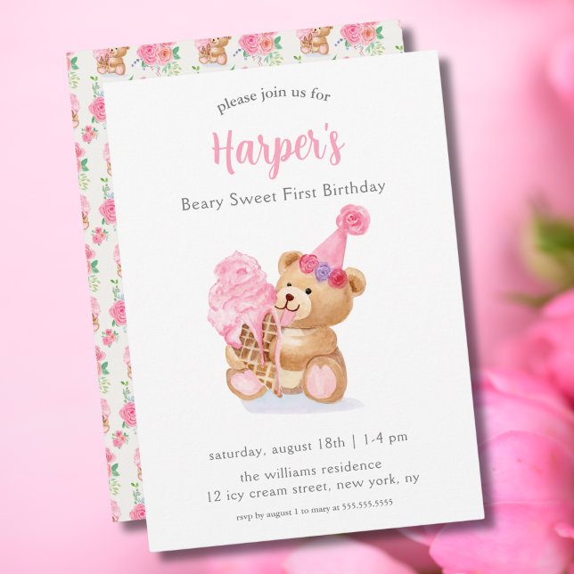 Invitation Fille premier anniversaire Teddy Bear Glace (Créateur téléchargé)