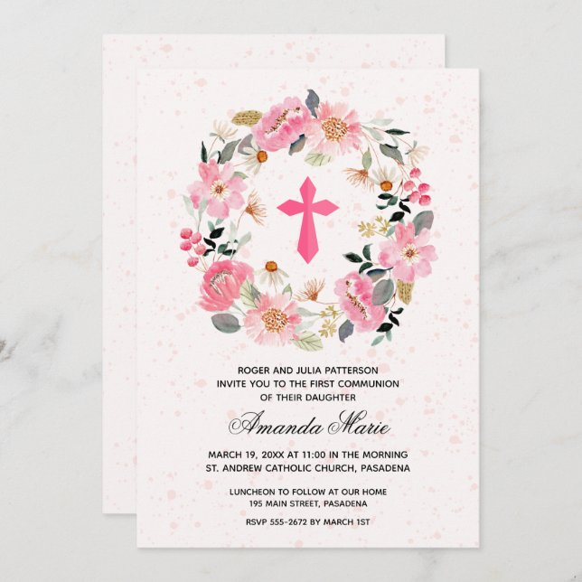 Invitation Fille première communion aquarelle rose floral (Devant / Derrière)