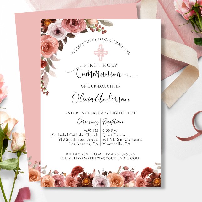 Invitation Fille Première Communion Blush rose Floral Invitat (Créateur téléchargé)