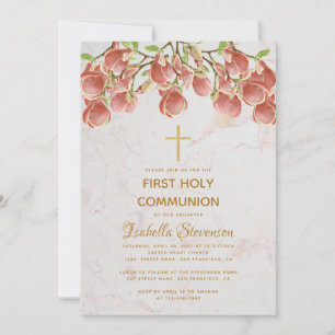 Invitation Fille Première Communion Floral rose marbre Magnol