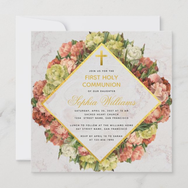 Invitation Fille Première Communion Œillets Croix Dorée Flora (Devant)