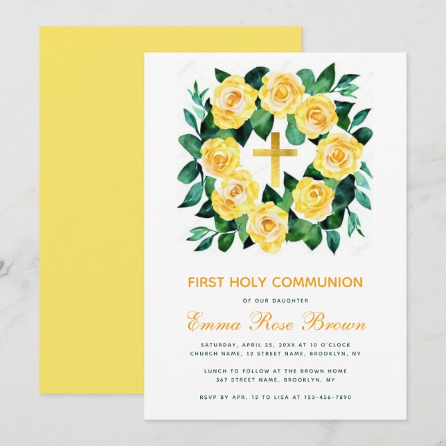 Invitation Fille Première Communion Roses Jaunes Wreath Flora (Devant / Derrière)