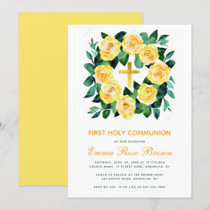Invitation Fille Première Communion Roses Jaunes Wreath Flora