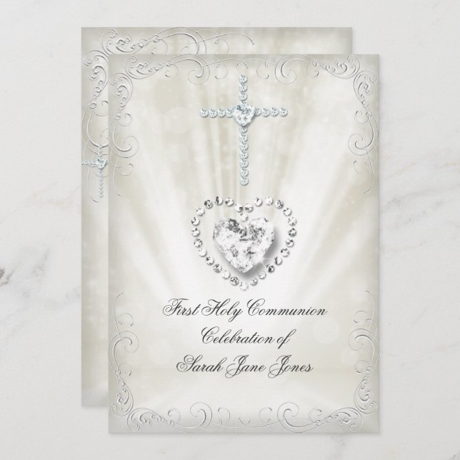 Invitation Fille Première Sainte Communion Beige Blanc Célest (Devant / Derrière)