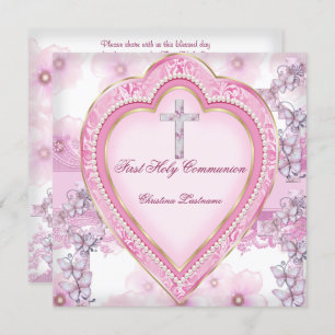 Invitation Fille première sainte communion Coeur rose