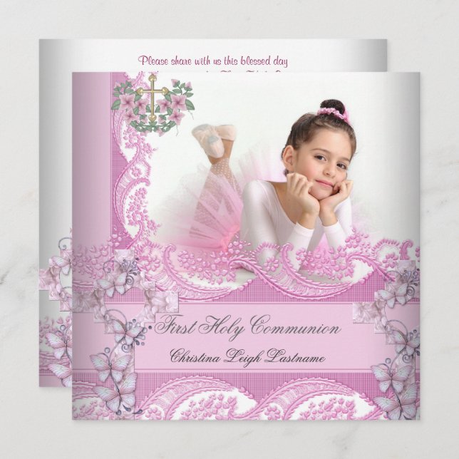 Invitation Fille première sainte Communion dentelle rose phot (Devant / Derrière)