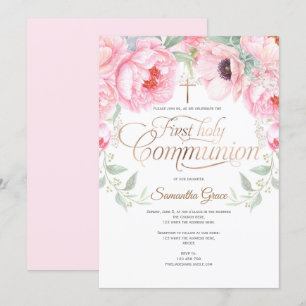 Invitation Fille, Première Sainte Communion, Fleurs Aquarelle