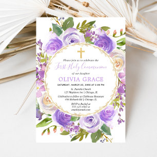 Invitation Fille Première Sainte Communion Floral Purple lava