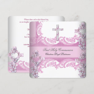 Invitation Fille Première Sainte Communion Joli Dentelle Rose