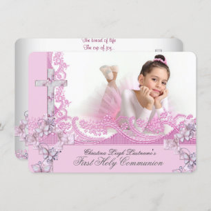 Invitation Fille première sainte communion jolie dentelle ros