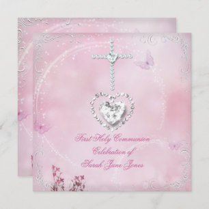 Invitation Fille première sainte communion Papillon rose blan