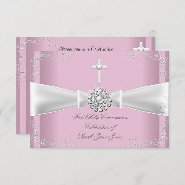 Invitation Fille première sainte communion rose argent blanc (Devant / Derrière)