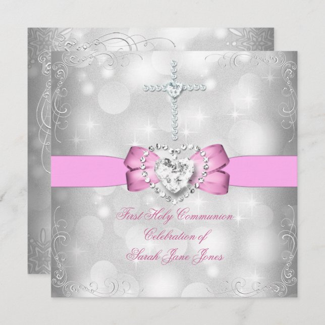 Invitation Fille première sainte communion rose blanc (Devant / Derrière)