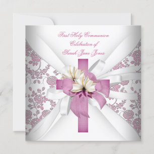 Invitation Fille première sainte communion rose blanc