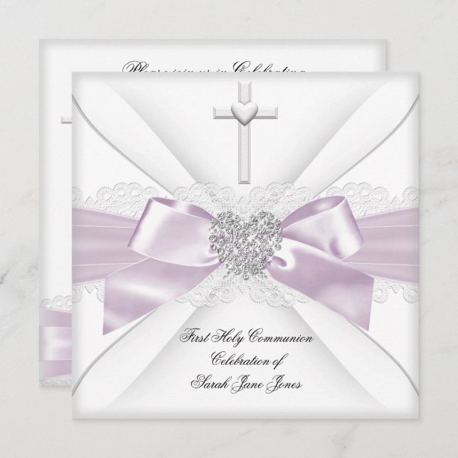 Invitation Fille première sainte communion rose Coeur blanc 2 (Devant / Derrière)