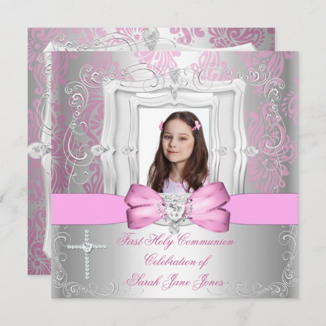 Invitation Fille Première Sainte Communion Silver Pink Photo (Devant / Derrière)