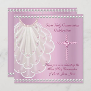 Invitation Fille première sainte communion Voile rose Perle r