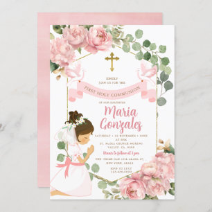 Invitation Fille priant la première sainte communion rose flo