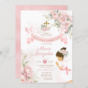 Invitation Fille priant la première sainte communion rose flo