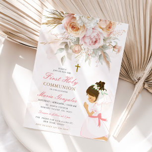 Invitation Fille priant la première sainte communion rose flo