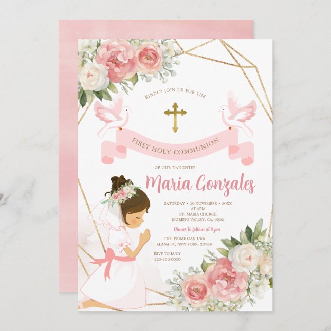 Invitation Fille priant l'or première sainte communion rose f (Devant / Derrière)