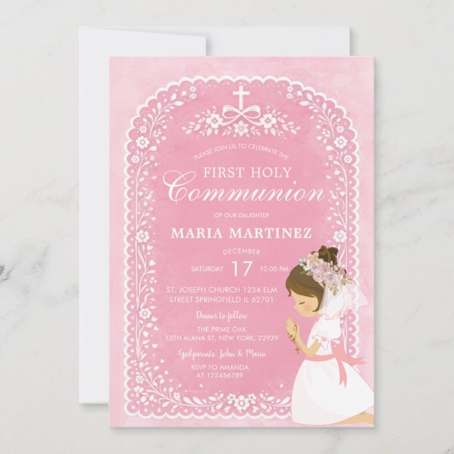 Invitation Fille priant Pink Papel Picado 1ère communion (Devant)