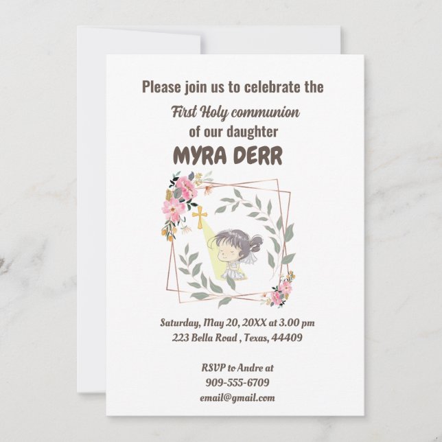 Invitation Fille priant pour jésus traverser la première comm (Devant)