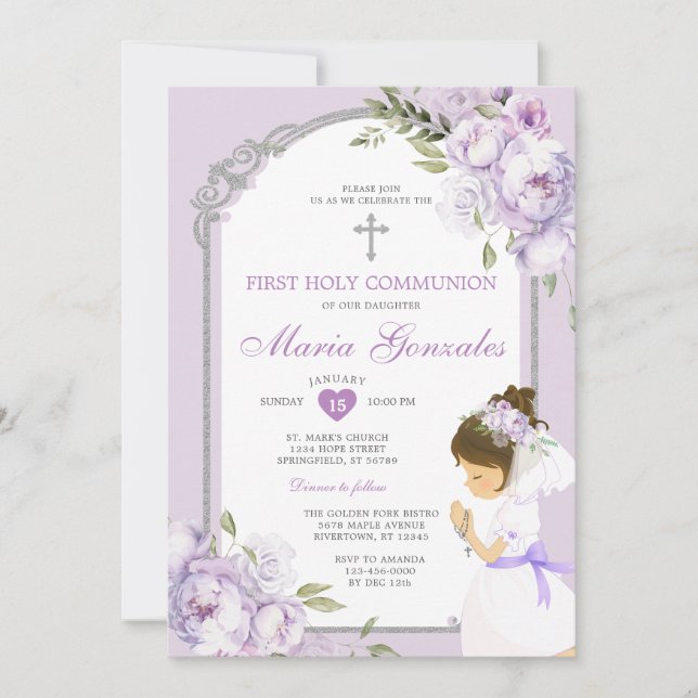 Invitation Fille priant pour la première communion florale vi (Devant)