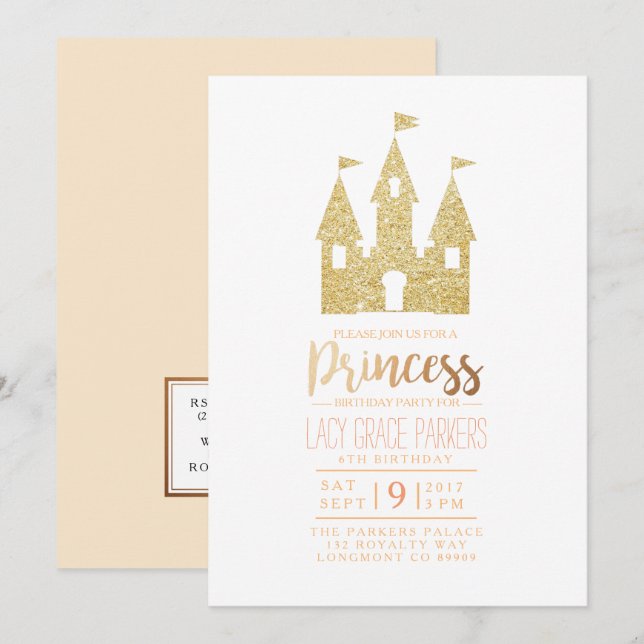Invitation Fille princesse Anniversaire | Parti à thème (Devant / Derrière)