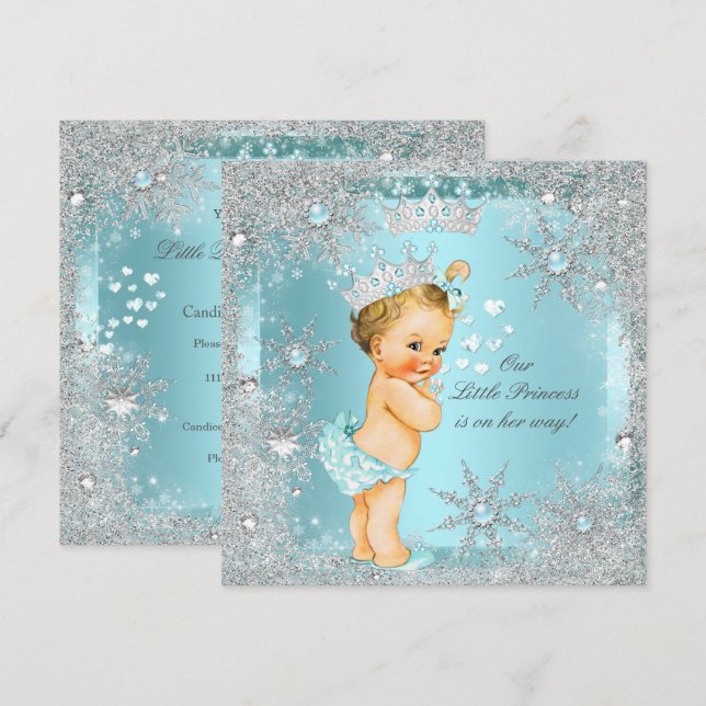 Invitation Fille Princesse Baby Shower Bleu Turquoise Cœurs B (Devant / Derrière)