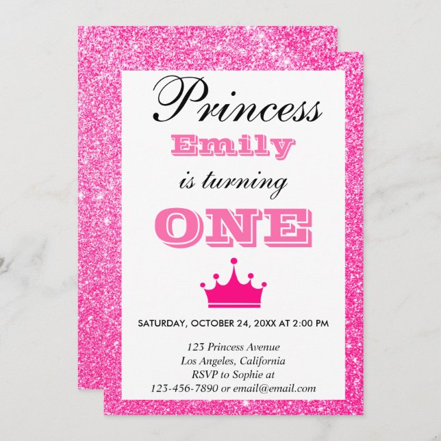 Invitation Fille princesse Hot rose Parties scintillant premi (Devant / Derrière)