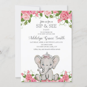Invitation Fille Princesse Tiara Éléphant Rose Floral Sip See