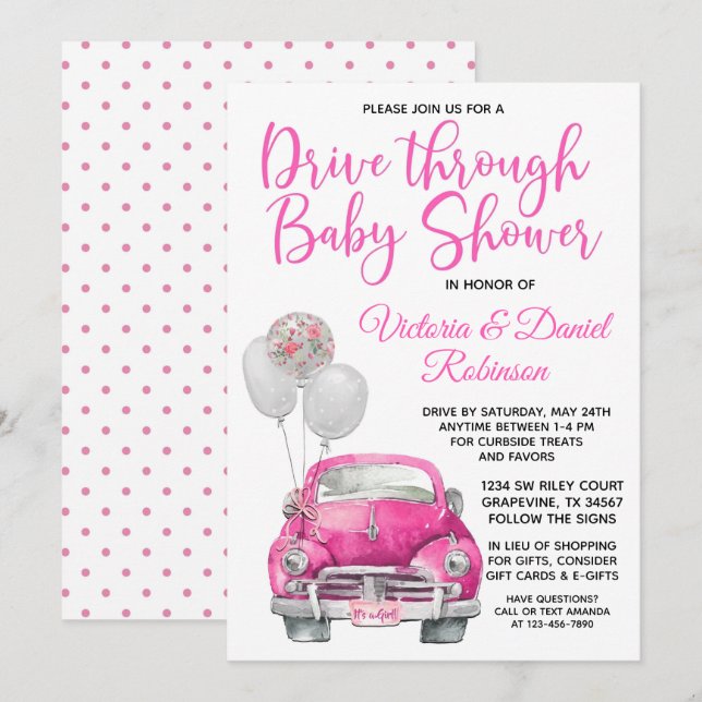 Invitation Fille qui traverse la douche de bébé en voiture (Devant / Derrière)