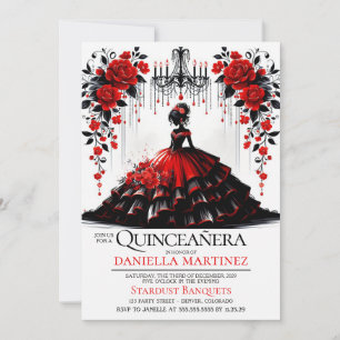 Invitation Fille Quinceañera noire et rouge