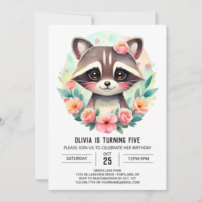 Invitation Fille Raton Raccoon Enchanted Forest Anniversaire (Devant)