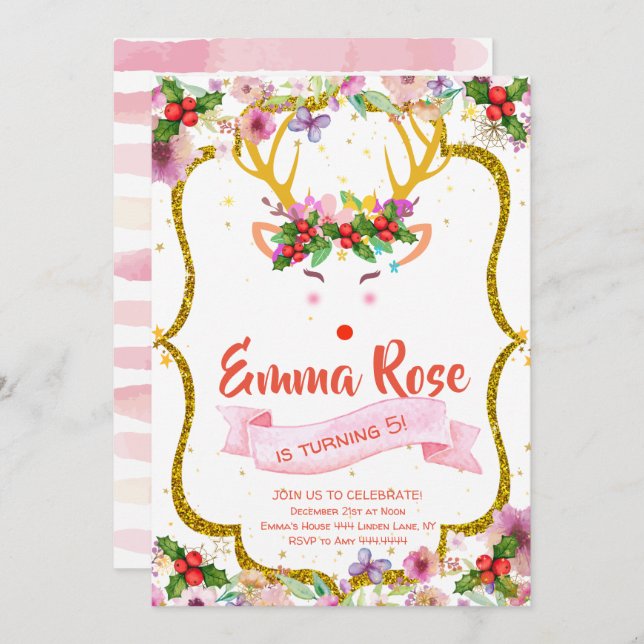 Invitation Fille Reindeer Noël (Devant / Derrière)