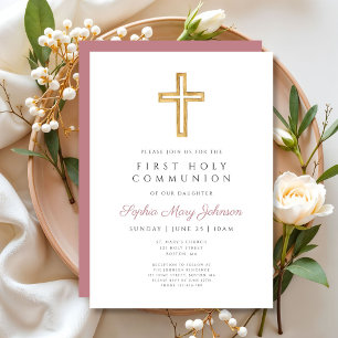 Invitation Fille Religieuse Rose Poussiéreux Moderne Première