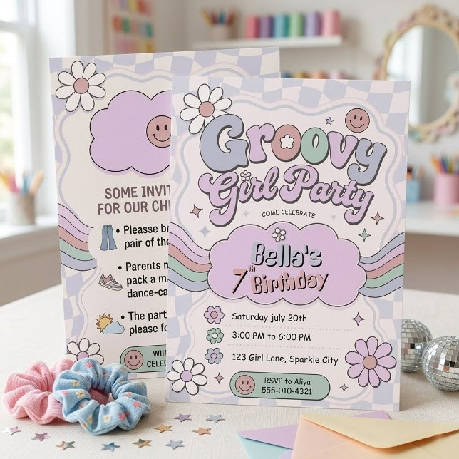 Invitation Fille Rétro Groovy Anniversaire 7 Ans Rose Violet  (Créateur téléchargé)