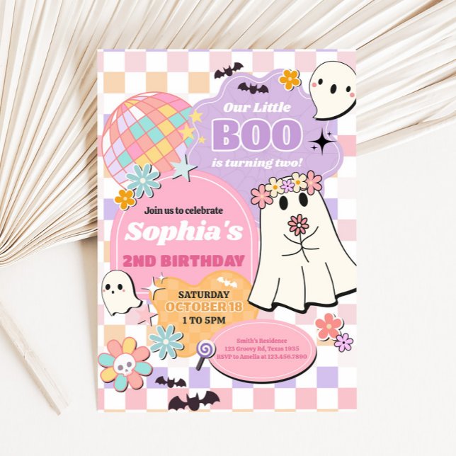 Invitation Fille Retro Super Petit Boo fête d'anniversaire (Retro Groovy Little Boo Birthday Party Invitation)