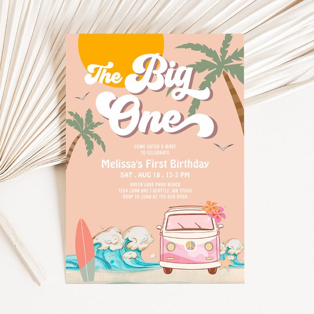 Invitation Fille Rétro The Big One Surfant Fête d'anniversair (Créateur téléchargé)